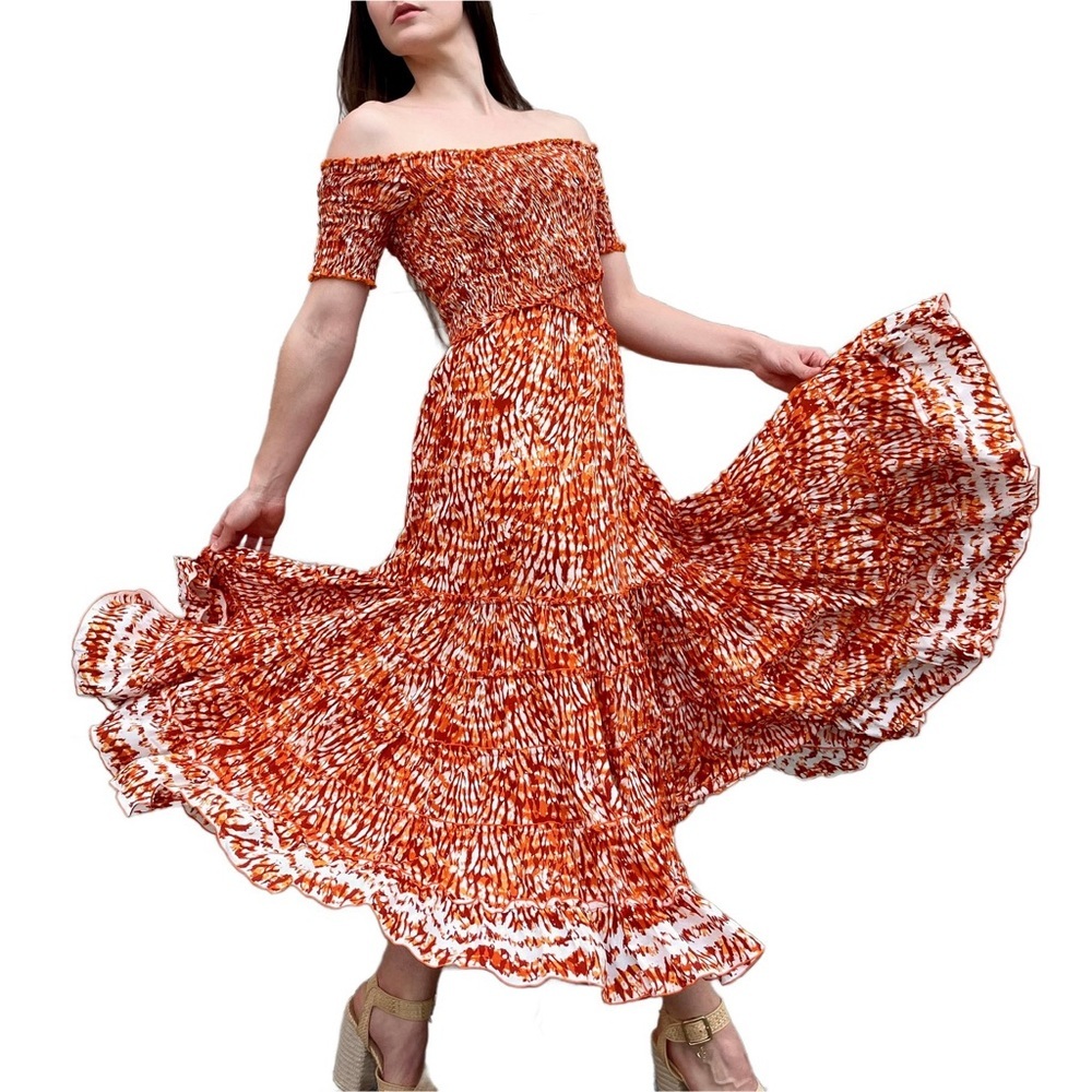 Poupette St. Barth Soledad Orange Tiedye Off Shoulder Tiered Summer Maxi Dress